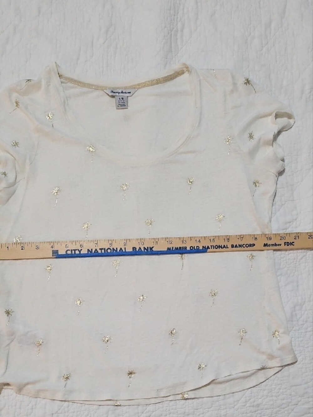Tommy Bahama Cream Short Sleeve Scoop Tee with Gold Palm Tree Foil Motif - Picture 4 of 4